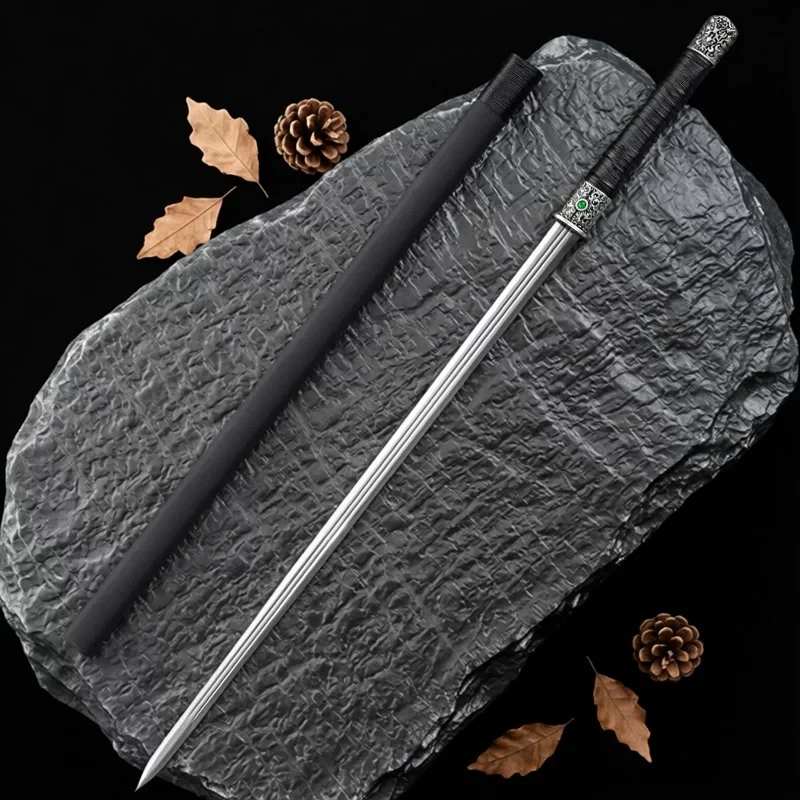 Han Soldier Han Sword Manganese Steel Blade Vintage Scroll Alloy Fittings With Green Gem Black Wrapped Handle Free Sword Stand