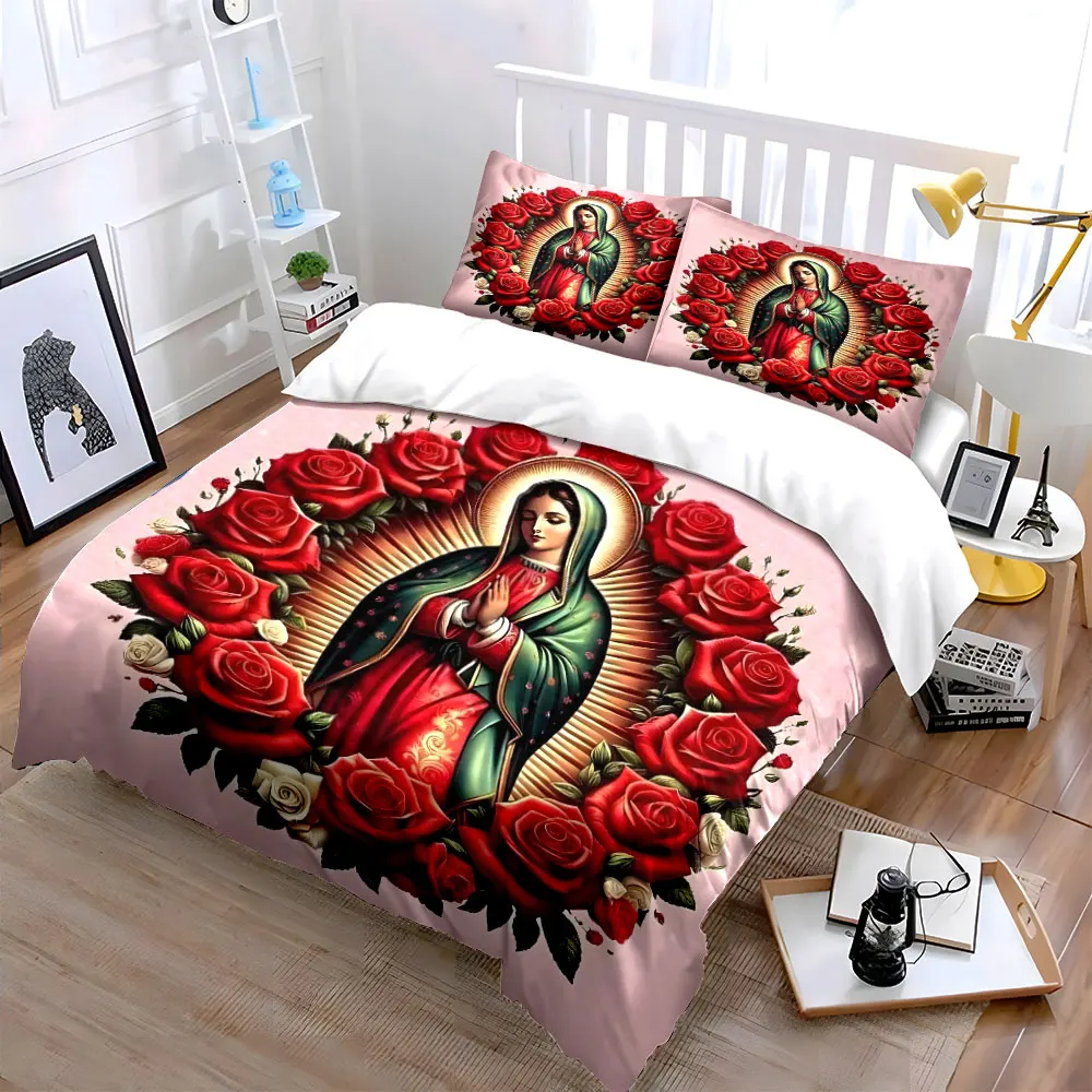 Sacred figure surrounded by red roses Print Soft Comfortable Duvet Cover Bedding Set Included 1*Duvet Cover 2*Pillowcases