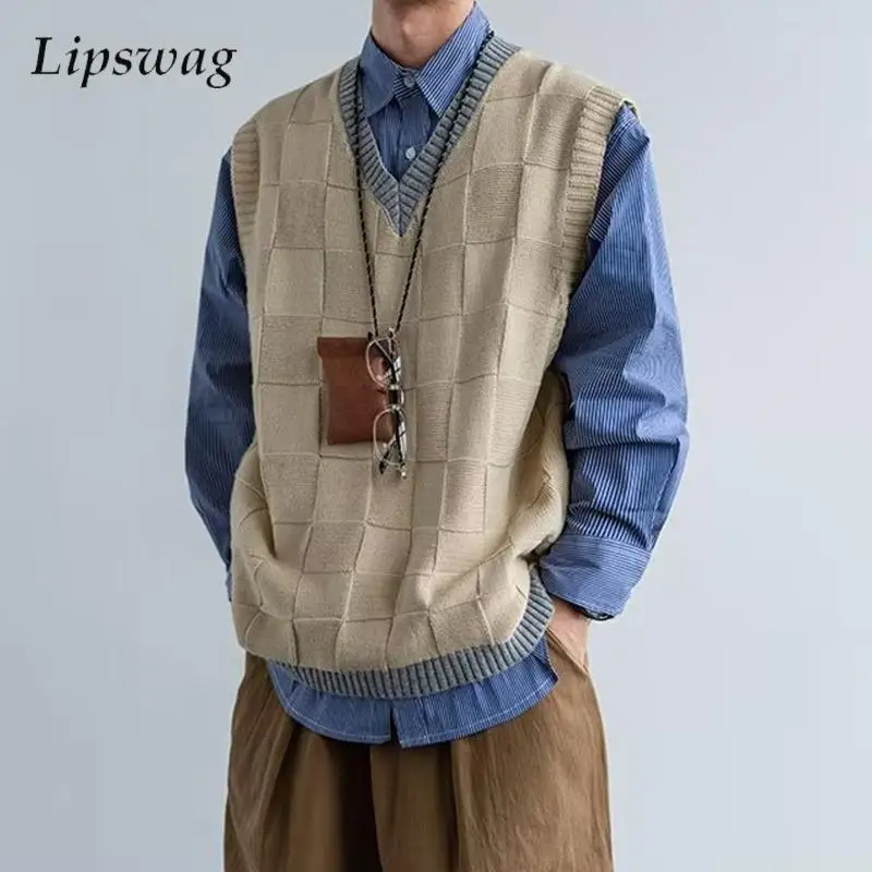

Casual All-match Knitted Vest Shirt Men Vintage Sleeveless V Neck Patchwork Sweaters Spring Autumn Mens Fashionable Sweater Vest