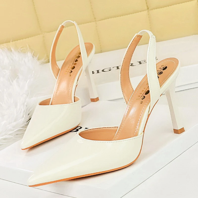 BIGTREE 2024 Spring Shoes Nude Heels Women Pumps Patent Leather Shoes Banquet Strap Hollow Women Thin Heels SLIP ON Sandals