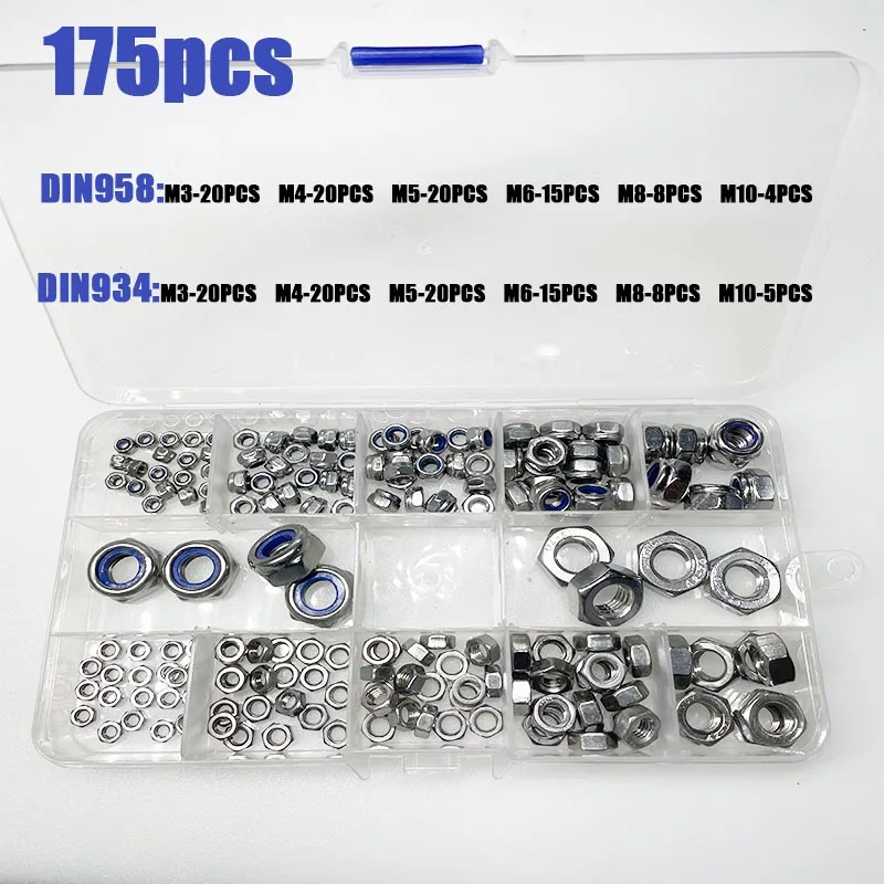

175pcs Locknuts And Hex Nuts Assortment Kit M3 M4 M5 M6 M8 M10 Stainless Steel Metric Nylon Insert Lock Hex Nut Set