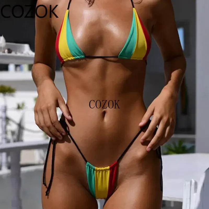 Women Sexy Bikini Two Piece Set Halter Backless Lace Up Printing Triangle Bathing Suit Beachwear for Female Bikini Swimsuit