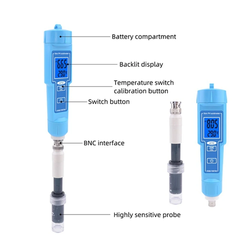 PH Meter Acidity Meter Water Quality Tester Temperature Meter for Cosmetics Skin Water Lab Milk Fruit Meat-ABLA