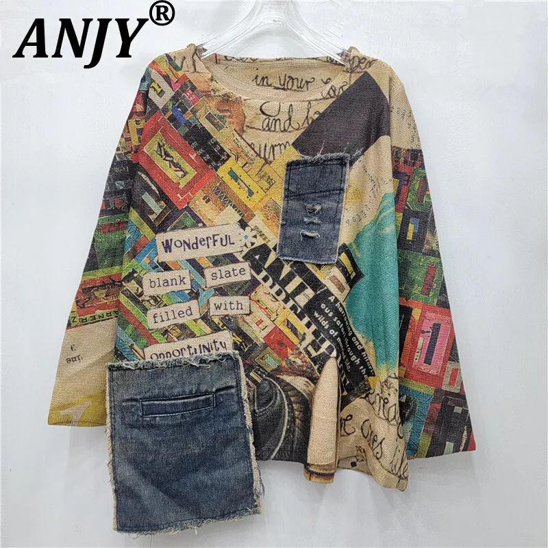 

ANJY 2022, осенний новый женский тренд, персонализированный модный пуловер с буквенным принтом, вязаный лоскутный нерегулярный джинсовый уличный трикотаж A16285
