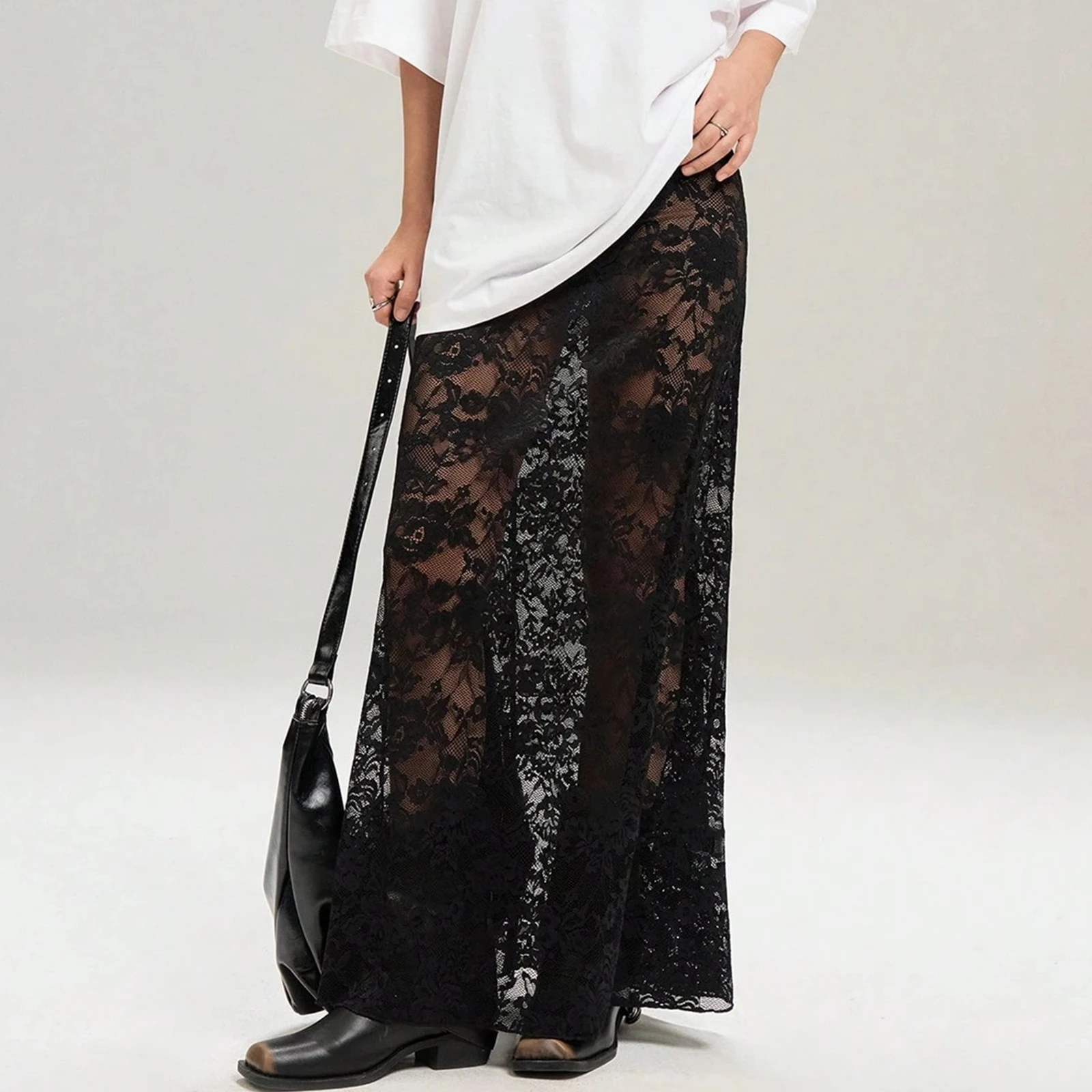 تنانير نسائية صيفية متوسطة الطول كاجوال أنيقة بلون سادة من الدانتيل الشفاف لملابس حفلات عطلة الشاطئ