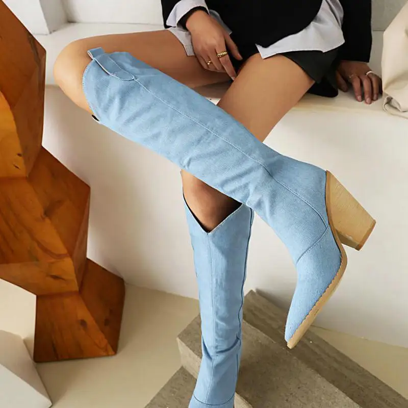 QPLYXCO New Denim Jeans Cowboy Boots Pointed Toe Strange High Heels Womens Shoes Riding Equestrian V Cut Design Knee High Boots