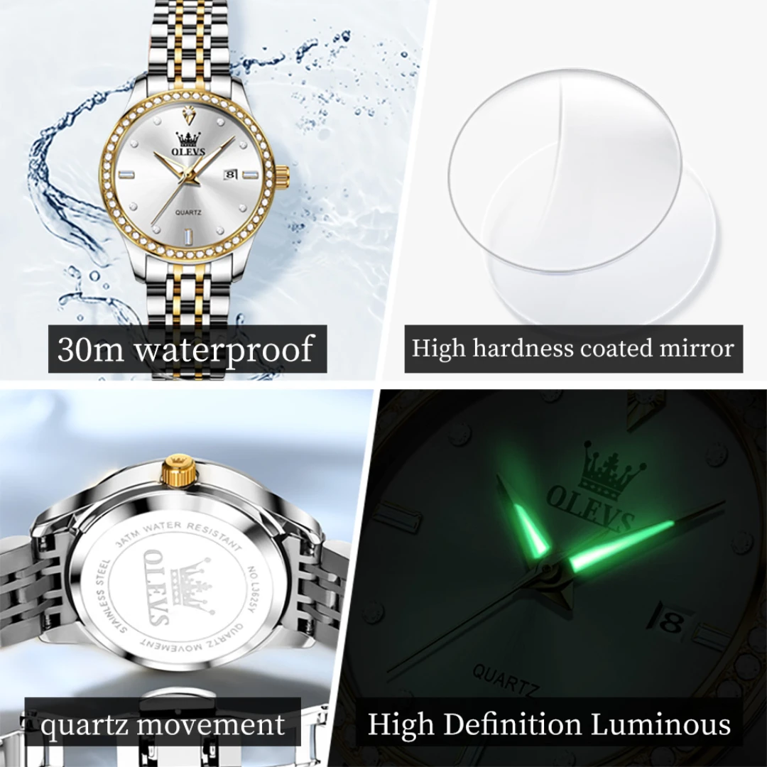 OLEVS 3625 reloj de cuarzo de moda regalo esfera redonda correa de reloj de pulsera de acero inoxidable calendario de visualización semanal luminoso