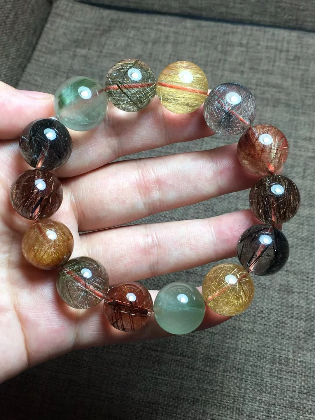 Natural Copper Colorful Rutilated Quartz Bracelet 16mm Gold Green Rutilated Clear Round Women Bracelet AAAAAA