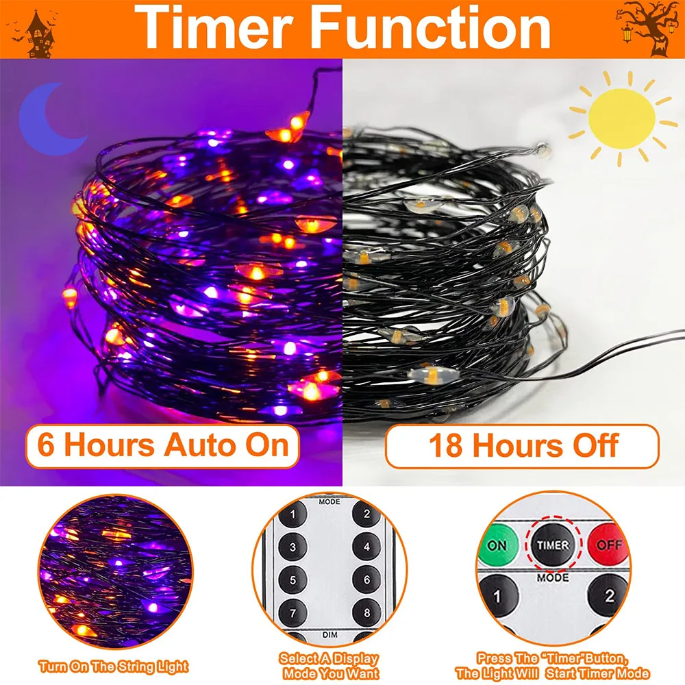 10-120M LED Orange Purple Halloween Garland Outdoor Garden Decoration PLUG 8 Modes Lighting Black Wire for Halloween Decorations