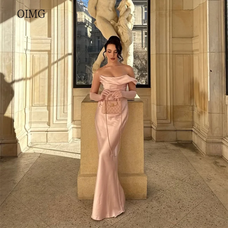 OIMG Einfaches rosa Meerjungfrau-Abschlussballkleid aus Satin, schulterfrei, Partykleid, bodenlang, Abendkleid, Vestidos de Gala, maßgeschneidert