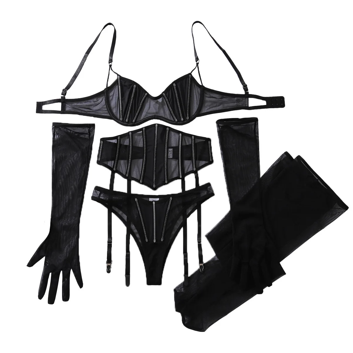 2026 French style design ultra-thin perspective mesh splicing black shapewear bra set with five pieces and gloves