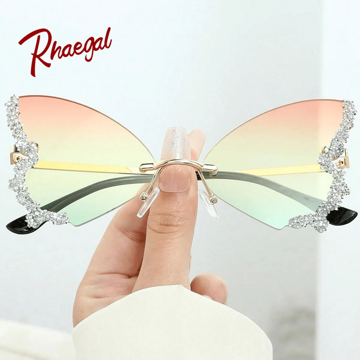 Rhaegal Exquisite Shiny Rhinestones Rimless Butterfly Sunglasses Fashion New Design Decorative Sun Shade Eyeglasses for Women