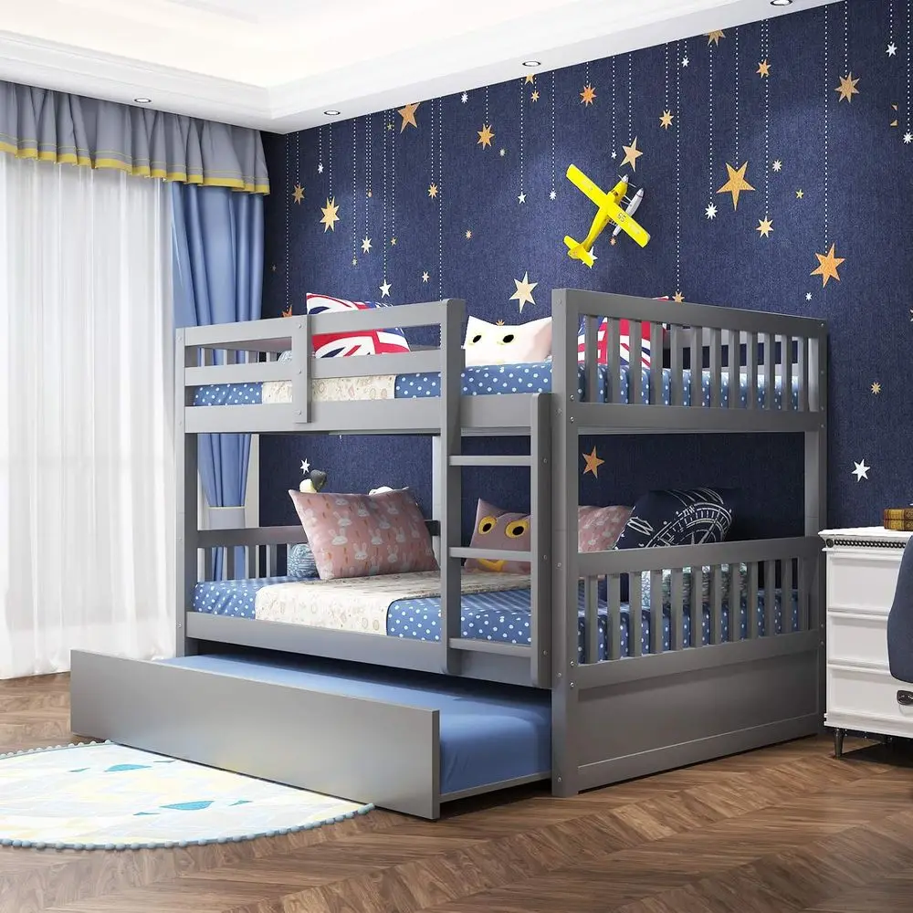 

Gray Twin Trundle Convertible Wood Bunk Bed with Guard Rail and Ladder for Kids and Teens, No Box Spring Needed