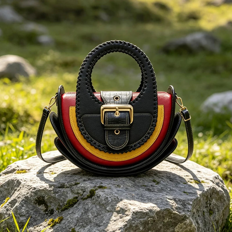Farbblock-Splicing-Handtasche in Halbmondform mit passendem Portemonnaie, Damen-Umhängetasche, Henkel-Tragetasche – Detail 9