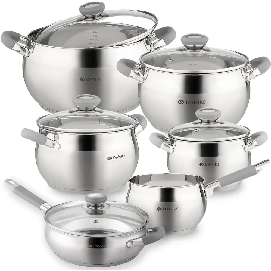 

Modern 11-Piece Stainless Steel Induction Cookware Set – Dishwasher Safe Saucepan, Pots with Heatproof Handles, Glass Lids, Fryi