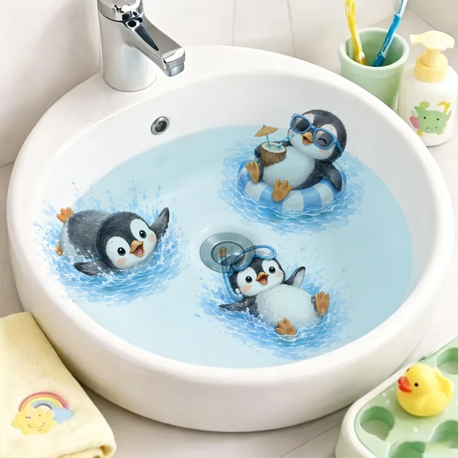 1pc Swimming penguin themed sink & wall sticker,uitable for decoration on wash basins, bathroom tiles and walls