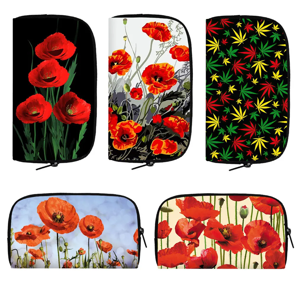 Beautiful Red Poppy Flower Print Wallets Women Purse ID Credit Card Phone Holder Men Long Wallets Cute Clutch Coin Money Bag