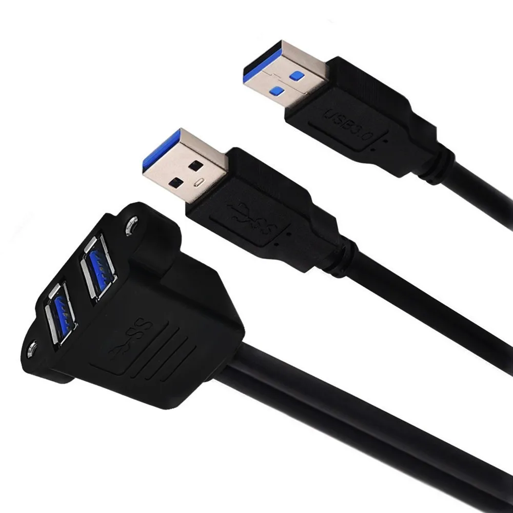 Verlängerungskabel mit zwei USB 3.0-Steckern (männlich) auf zwei USB 3.0-Buchsen (weiblich) und Schraubenlöchern für die Montage an einer Platte. Dual USB 3.0 Kabel, Stecker auf Buchse, 0,3 m, 1 m