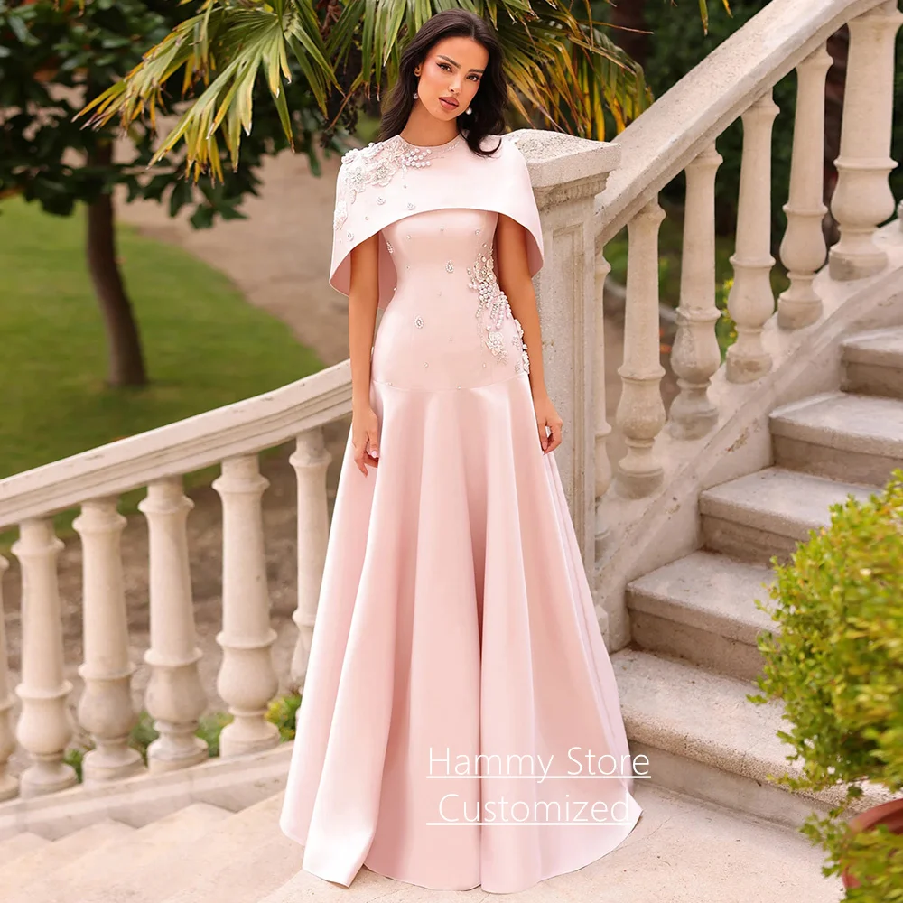 

Chic Evening Dress with Cape Customized Square Neck Sleeveless Beading Pearls A Line Sweep Train Arabic Prom Party Gown