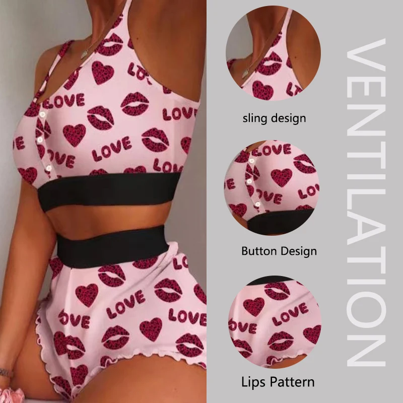 Fashion Milk Silk Printed Camisole Pajamas Cool Thin Tight Sweet Pajamas Plus Size Letter Red Lips Camisole Shorts Set 3xl