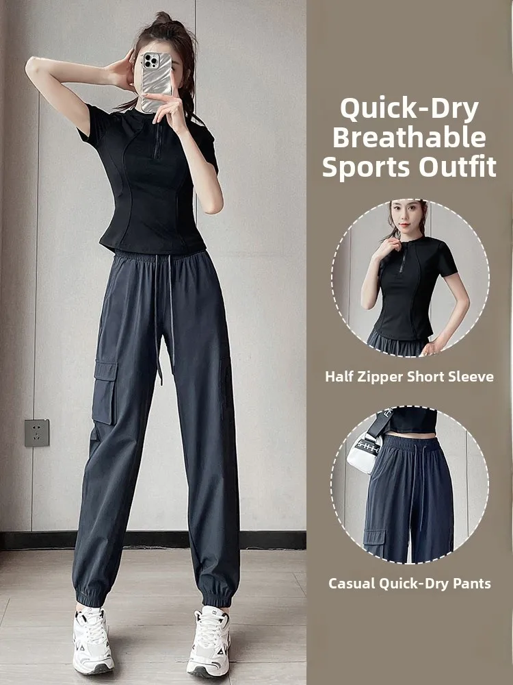 

Женский комплект спортивной одежды для бадминтона, лето 2023, топ для фитнеса, йога, ор Свеч, Qui Dry, повседневные длинные брюки для бега, костюм из двух предметов