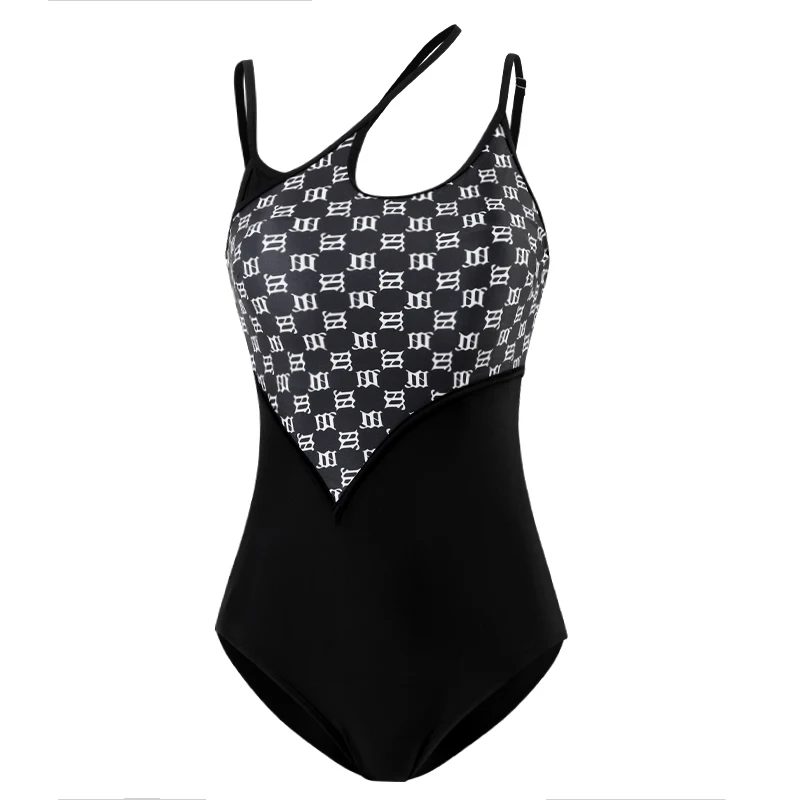 Summer New European American Sexy Suspender One-piece Swimsuit Personalized Letter Print Vacation Seaside Party Black Swimwear