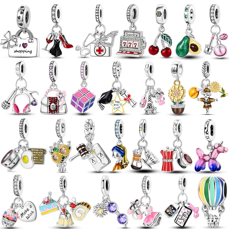 

Fit Bangle Cube Cake Coffee Beads Charm Silver Plated Music Note Charms Pendent Dangle Bracelet Women Jewelry