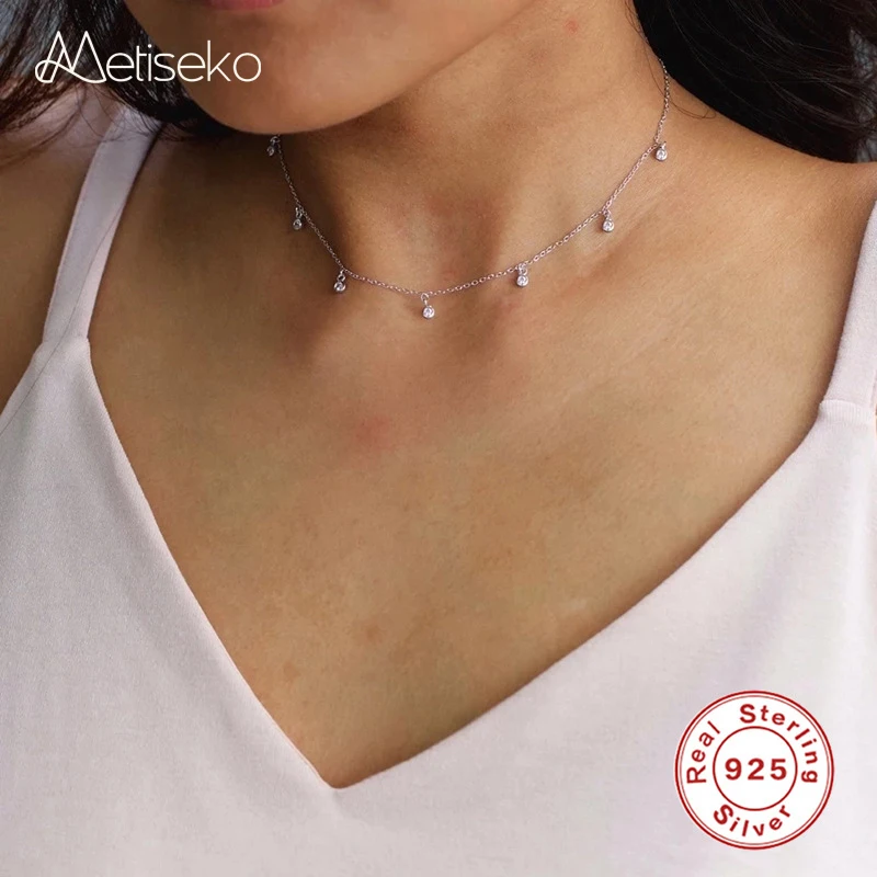 

Metiseko 925 Sterling Silver Choker Necklace Shiny Round 5A Cubic Zirconia Necklace Light Luxury for Women Party Engagement