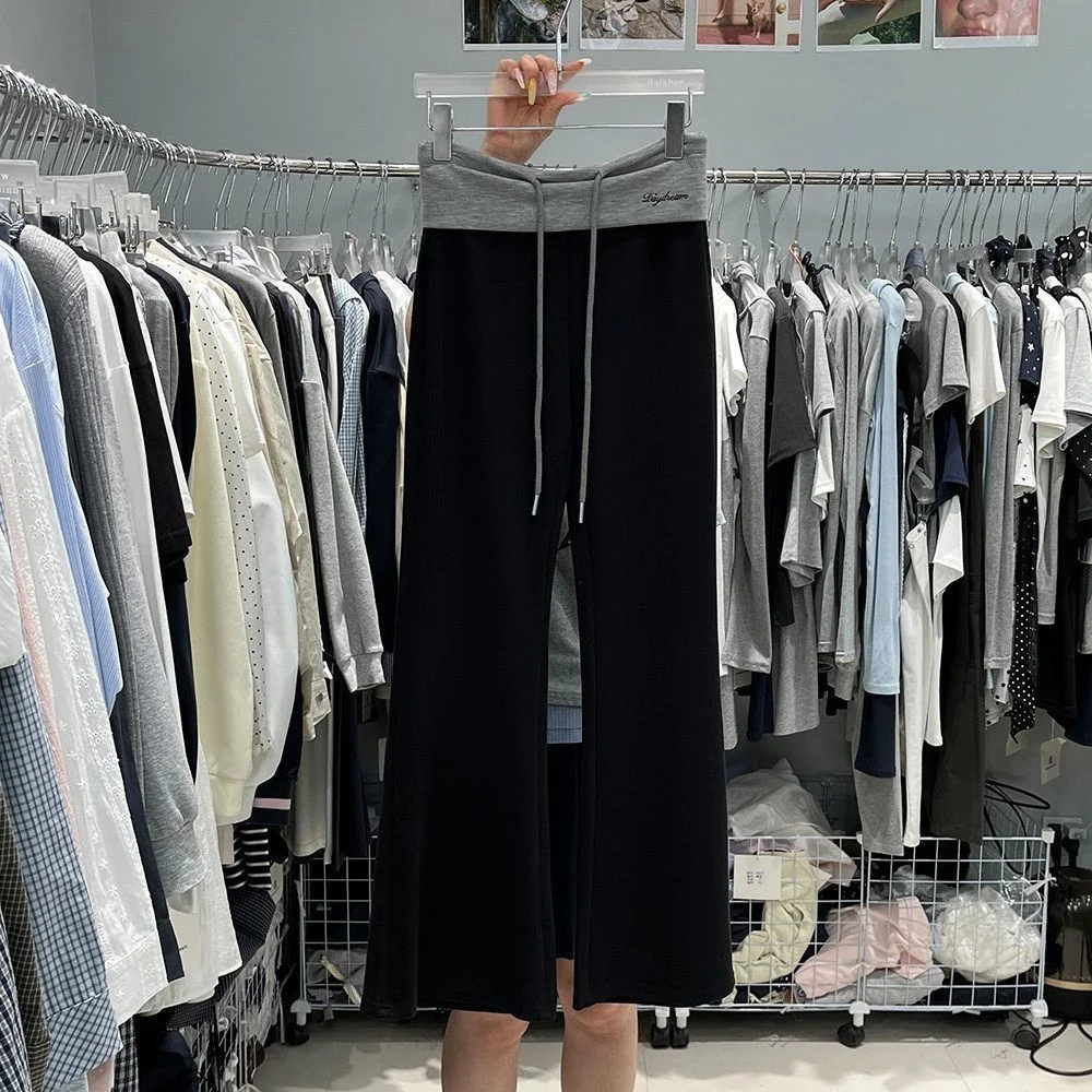 Summer 2026 Korean Style Wide Leg Pants Letter Embroidery Color Block Waist Design Casual Sensation Micro Flared Trousers
