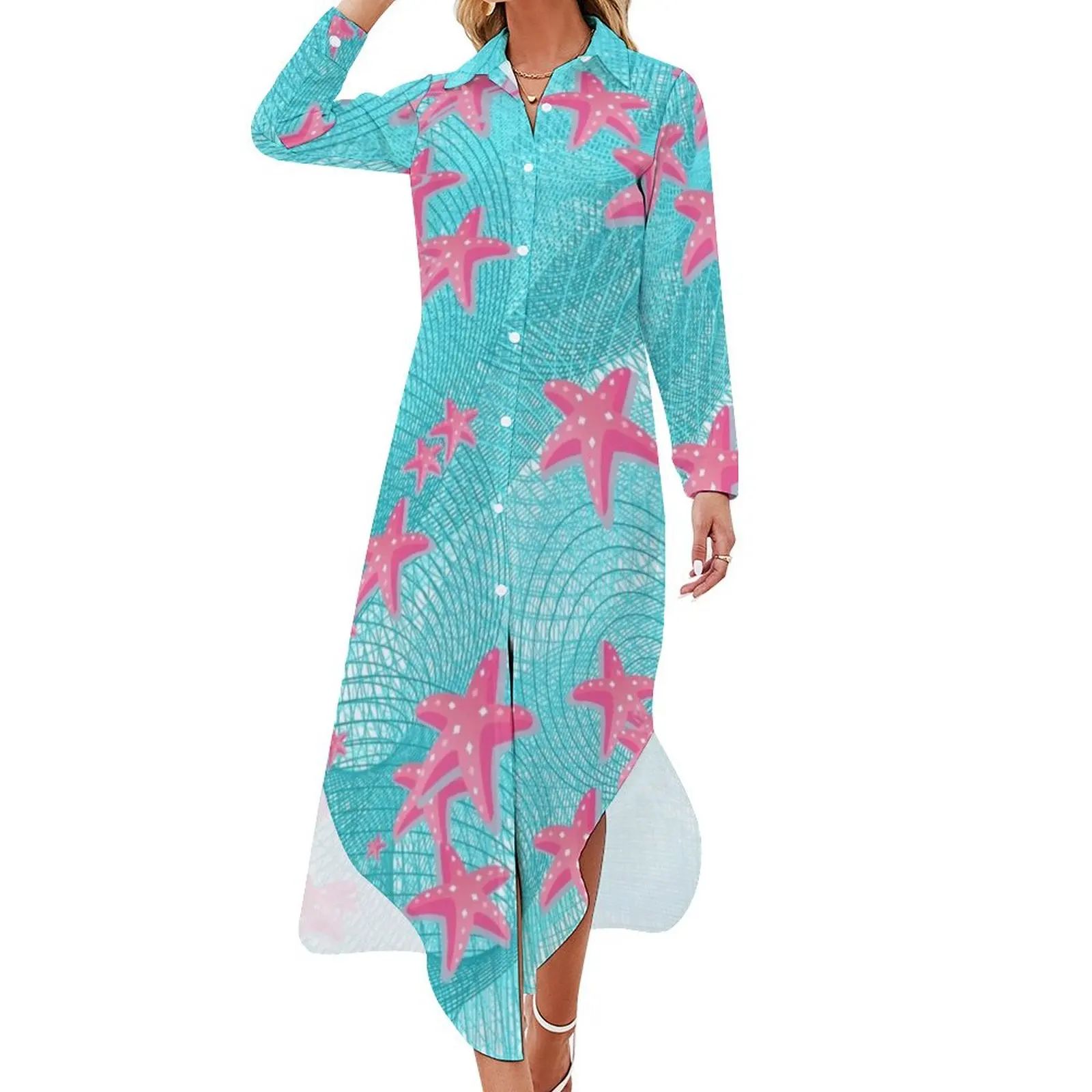 

Pink starfish Long Sleeved Shirt Dress summer dress woman 2024 Women's summer skirt sexy dress