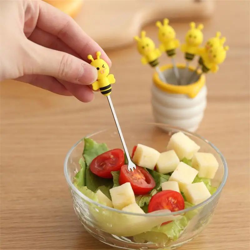 6pcs Silicone Honeybee Fruit Fork Cute Stainless Steel Creative Fruit Pick Set Ceramic Base