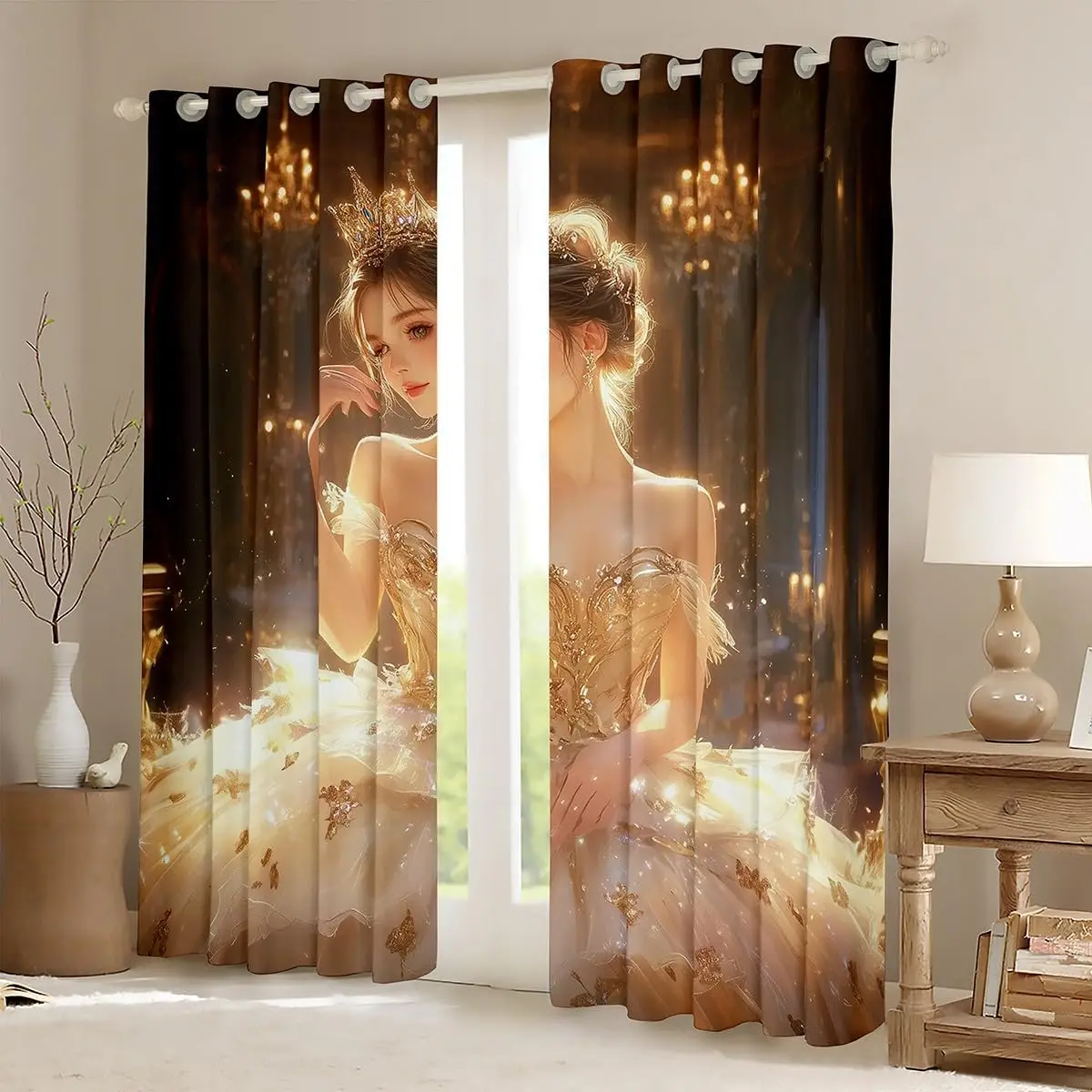 Luxury Polyester Window Curtains Golden Aesthetic Fantasy Fairy Tale Gothic Drapes for Bedroom Living Room Home Decor Panel
