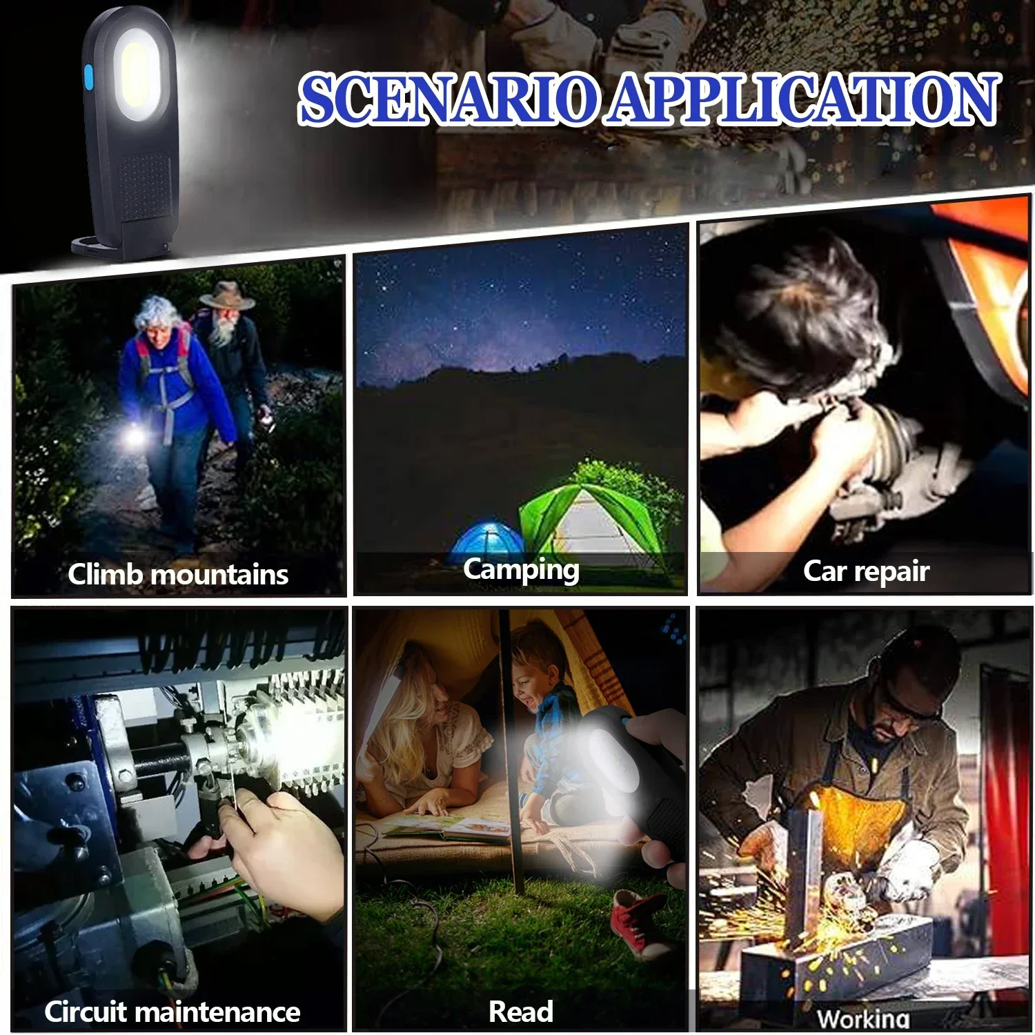 COB LED Work Light Portable Flashlight Auto Repair Lights Torch Lantern with Tail Magnet Hook