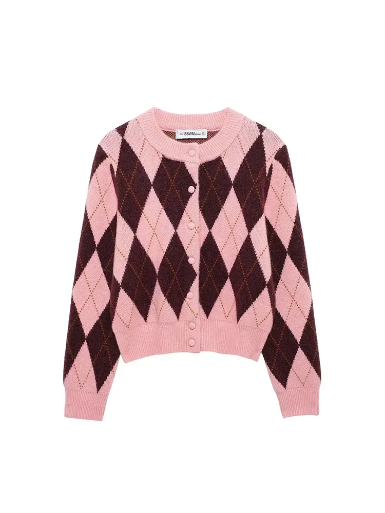 

Новинка осени-зимы 2025 года, женский трикотаж с геометрическим принтом, винтажный женский однобортный кардиган с круглым вырезом и длинными рукавами