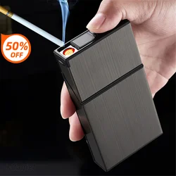 Fine Smoke Cigarette Case 20pcs Capacity Slim Cigarette Holder with USB Rechargeable Lighter Metal Cigarette Case Gift for Men