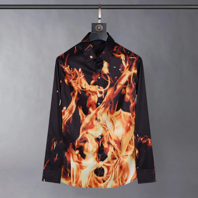 Spring and Autumn Flame Digital Printing Business Leisure High end Anti wrinkle, No ironing, Slim fit Long sleeved Shirt