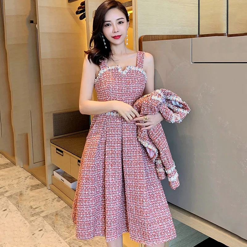 

Fashion Wool Suit Dress Women's 2023 New Autumn Winter Tweed Two-Piece Female Loose High Waist Sling Dress+Woolen Top Street