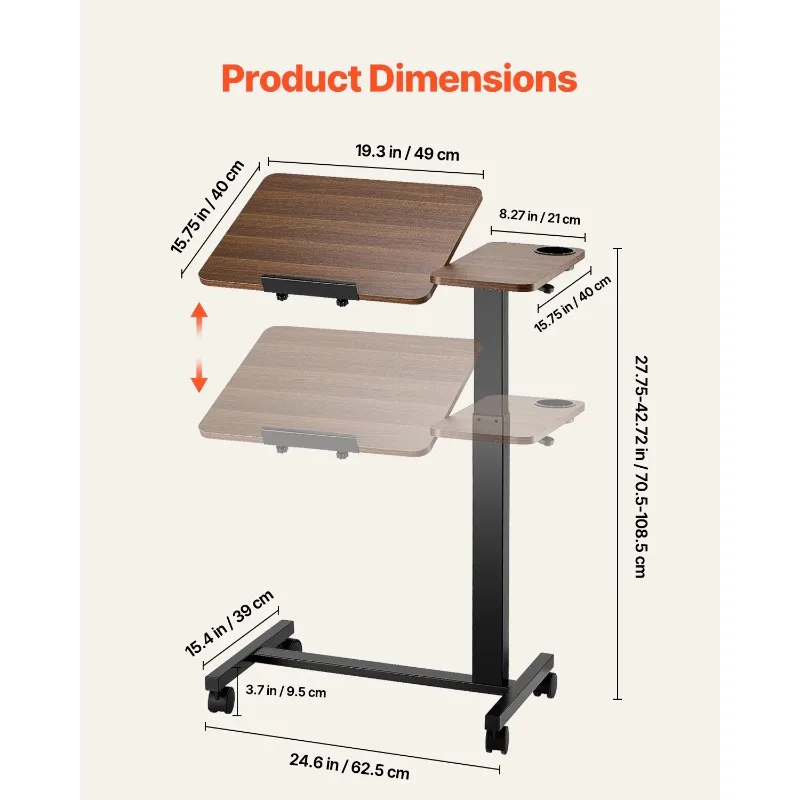 Overbed Table Mobile Bed Side Table w/ Swivel Casters Height & Angle Adjustable Rolling Laptop Desk for Home Office Study