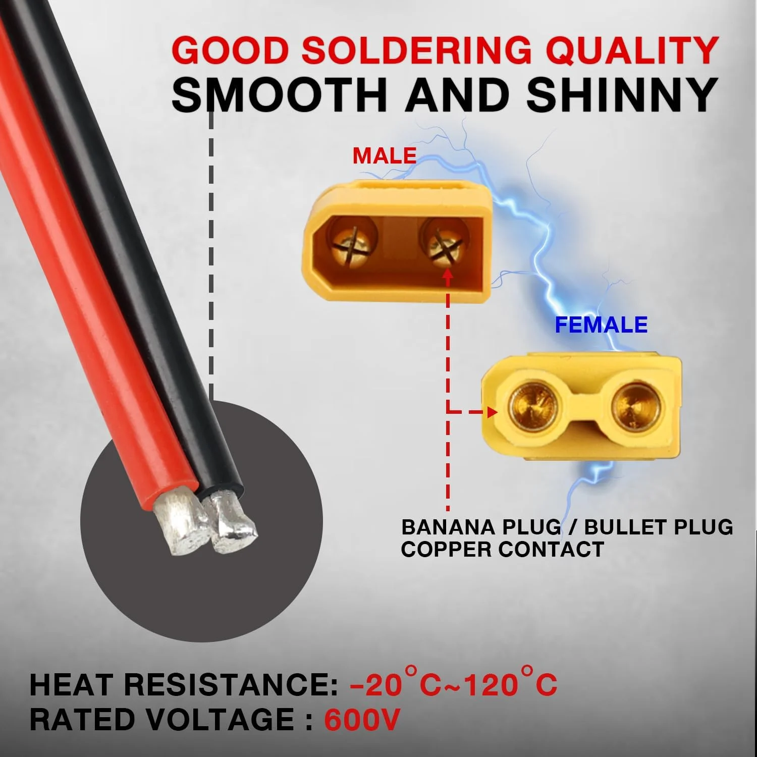 HPXGRC XT30U Pigtail Plug Male and Female Connector with 100mm 16AWG Tinned Wire Cable for RC Fixed wing Lipo Battery FPV Drone