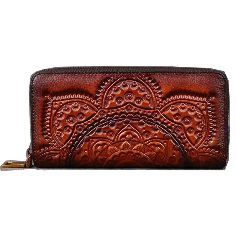 3D Floral Women Genuine Leather Purse Vintage Ladies Real Cow Leather Wallet Large Capacity Cowhide Clutch Hand Bag