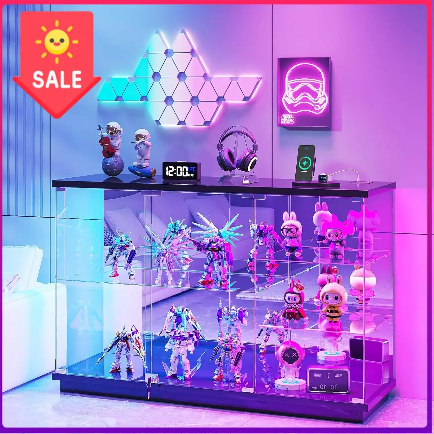 RGB Glass Display Cabinet with Lock for & Glass Shelves Collectibles, Black | High Gloss Curio Cabinet Sideboard with Human Body