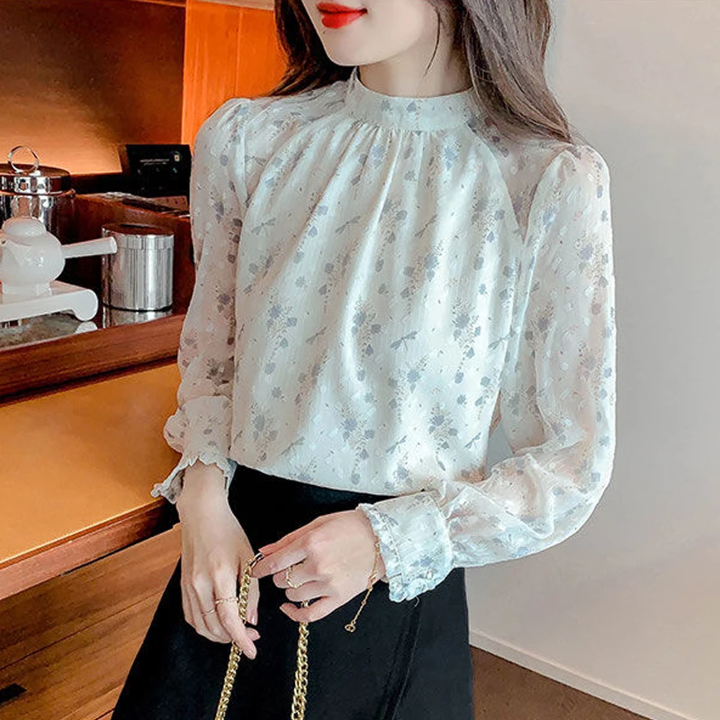 Clothes for Women 2024 Korean Fashion Print Ruffled Blouse Elegant Chic Stand Collar Chiffon Shirt Casual Long Sleeve Loose Tops