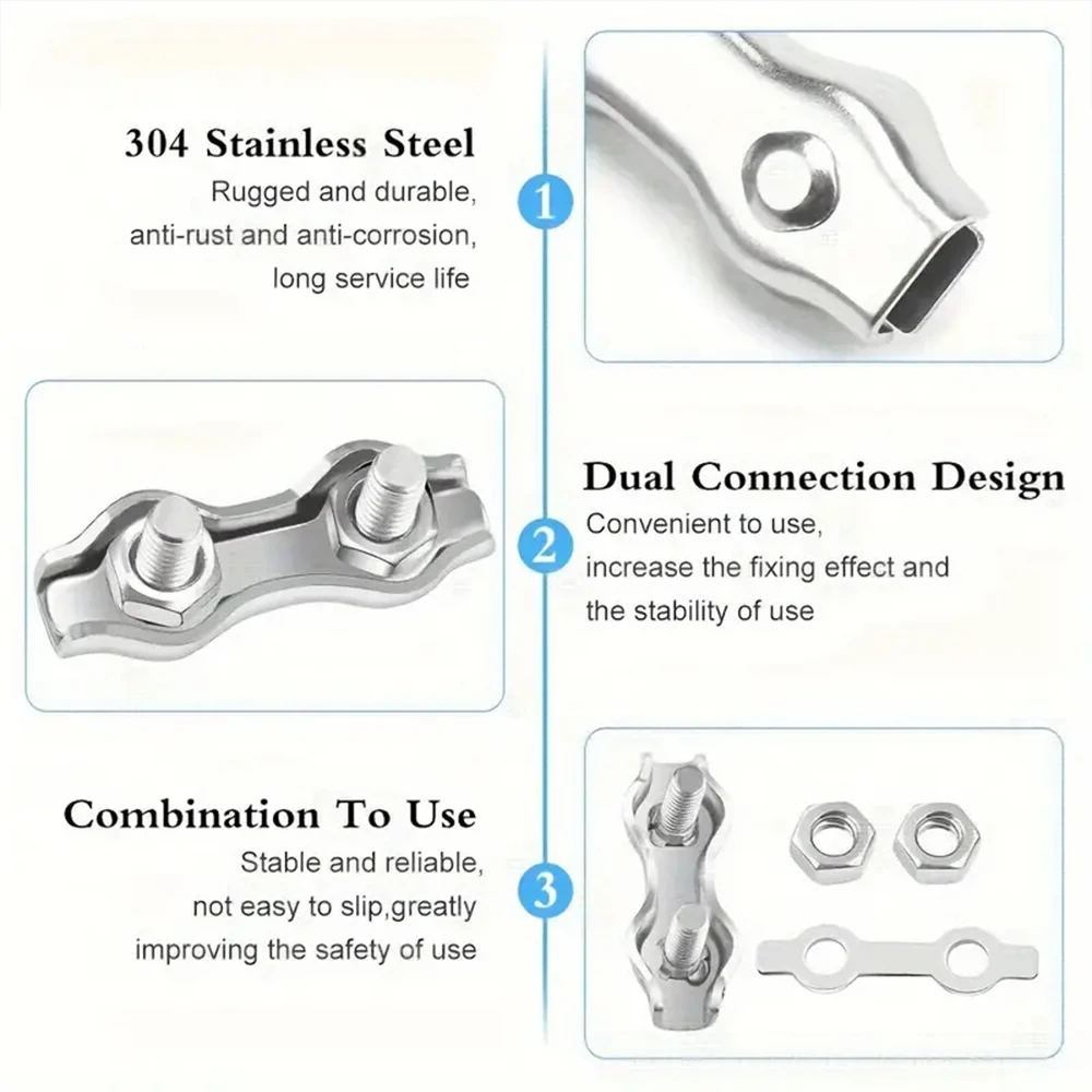 Aço inoxidável Duplo Post Clipe Parafuso, braçadeira do cabo, corda do compasso, aperto simples, DIY Cable Fastener, M2-M8, 5 Pcs, 10Pcs