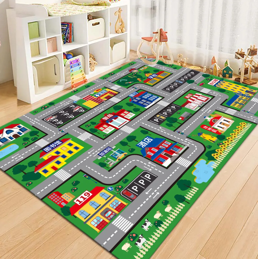 VIKAMA City Road Map Kids Play Rug, Cartoon Town Parking Lot Non-Slip Washable Toddler Crawling Floor Mat