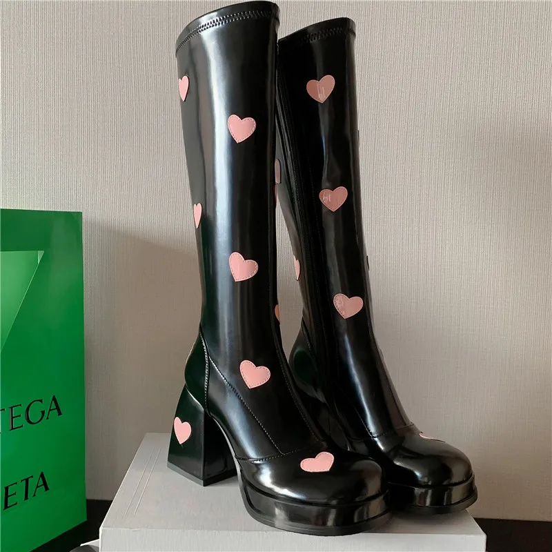 New Peach Heart Decoration Waterproof Platform Knight Boot Genuine Leather Elegant Super High Heels Women Thick Sole Length Boot