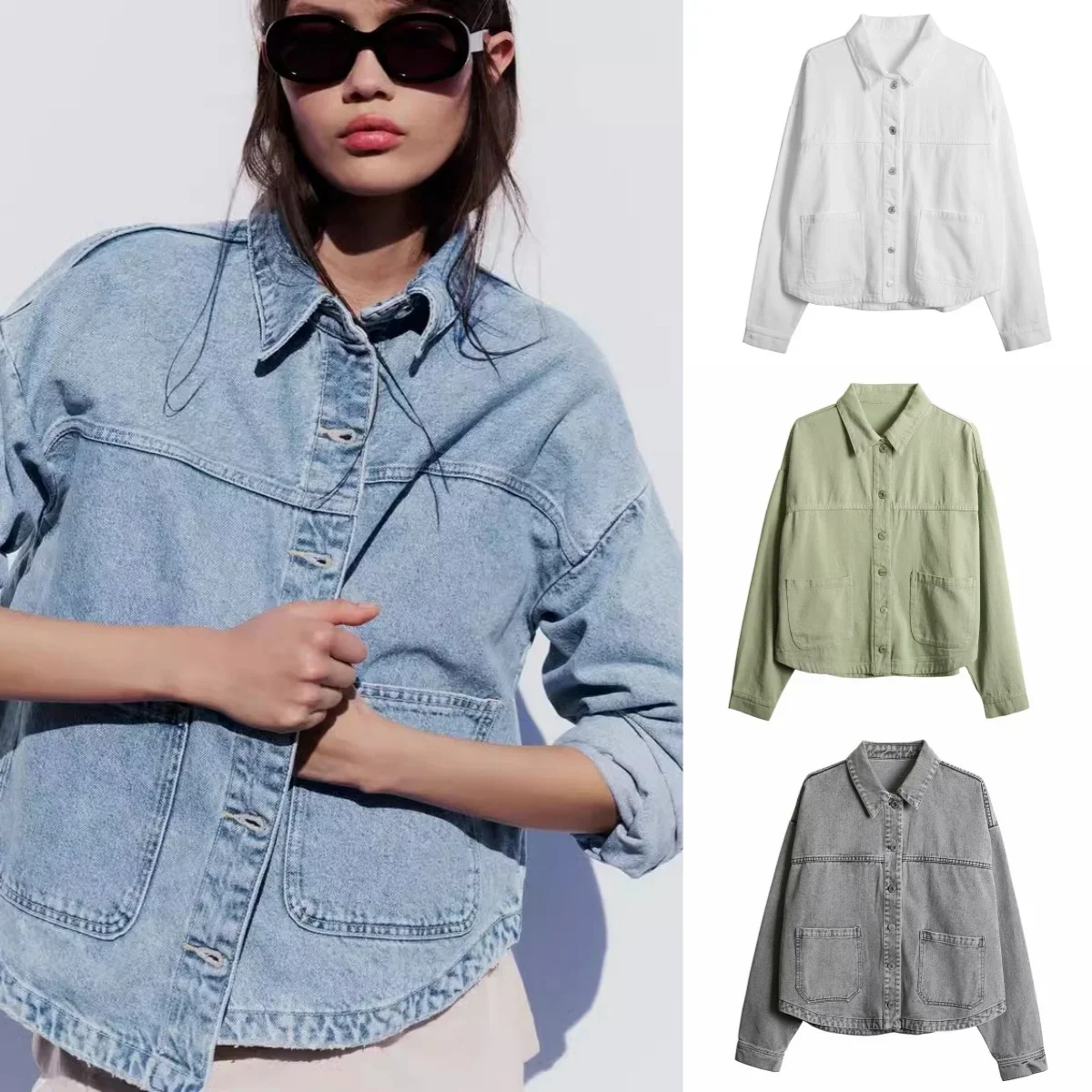 

Лето 2022, женская свободная повседневная джинсовая куртка с воротником-поло и длинными рукавами, накладным карманом, украшением, куртка