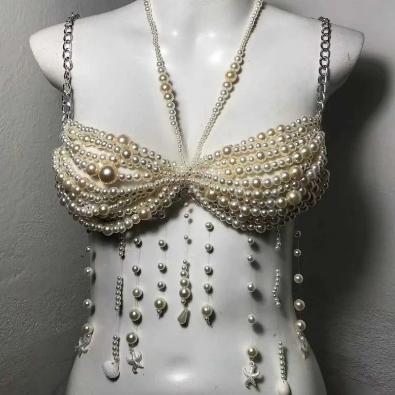 Damen-Body-Kette mit Kunstperlen, Seestern- und Muscheldesign, Quasten, handgefertigtes, mit Perlen besetztes Oberteil, verstellbare Rückenkette, Körperschmuck für den Strand – Detail 5
