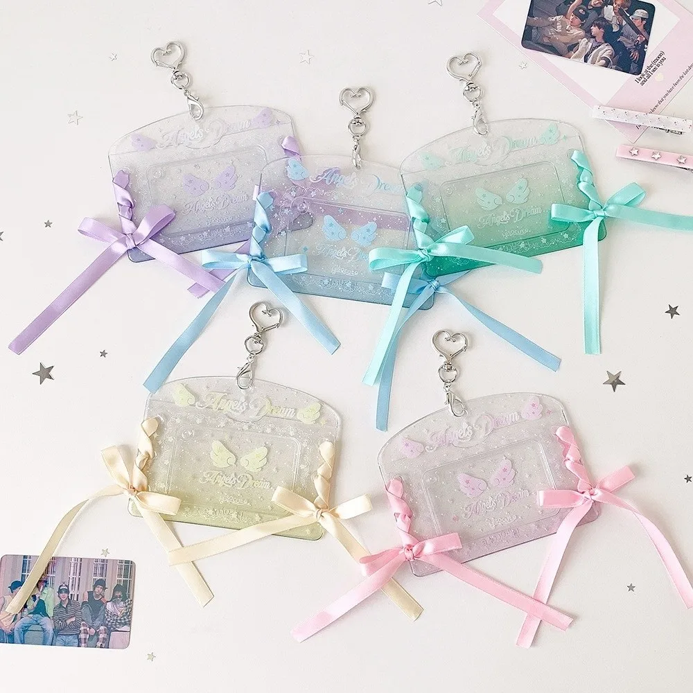 INS PVC 3-inch Photocard Holder with Ribbon Bow & Keychain Waterproof Photo Card Protector Transparent Card Cover Students