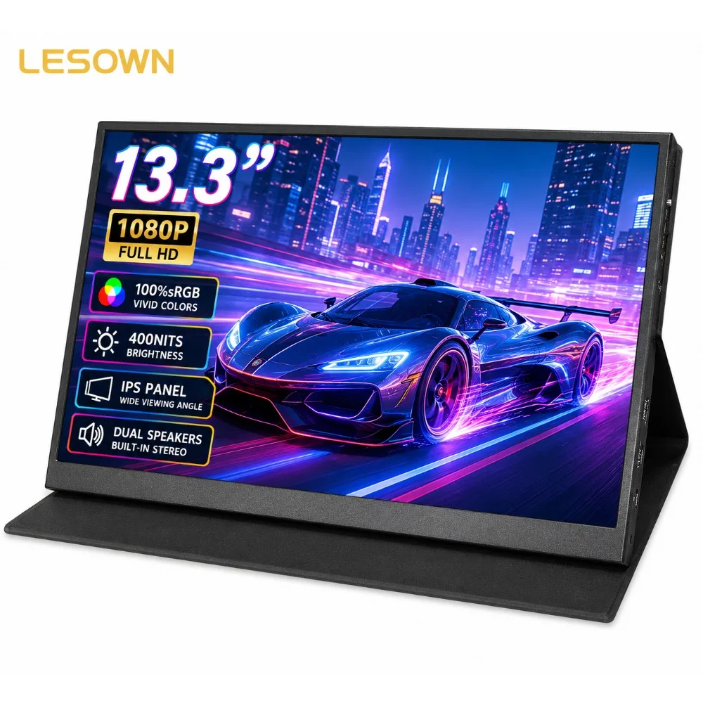 LESOWN 13.3 Inch Portable Monitor 1080P FHD External Screen Plug & Play Metal Display with Speakers for Laptop