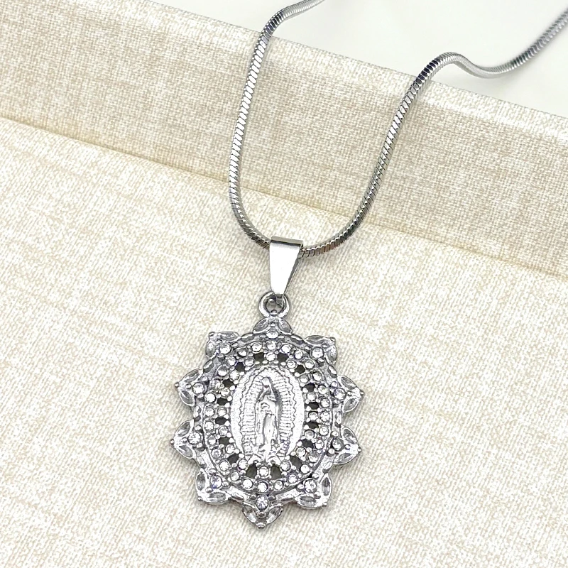 مريم العذراء زهرة كريستال قلادة للنساء الرجال الفولاذ المقاوم للصدأ الذهب اللون سلاسل سيدة غوادالوبي القلائد مجوهرات #4